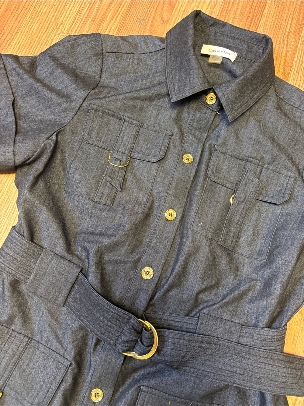 Calvin Klein Dark Navy Short-Sleeve Belted Shirt Midi Dress - Picture 3 of 6